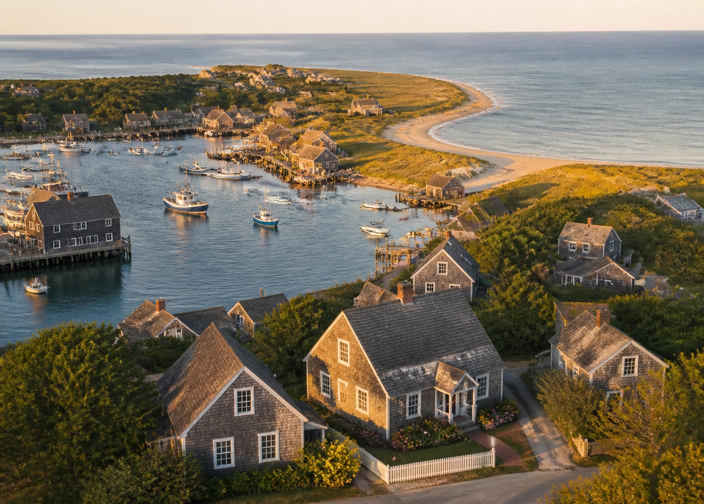 A Cape Cod harbor at golden hour