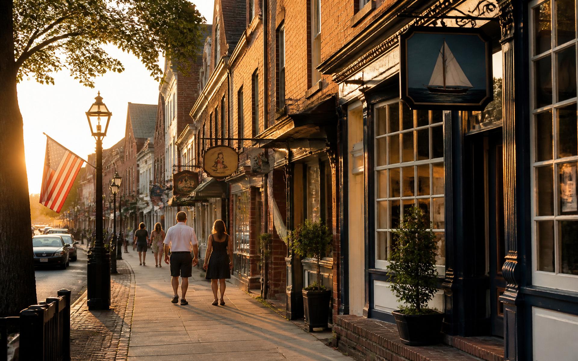 A New England main street at golden hour