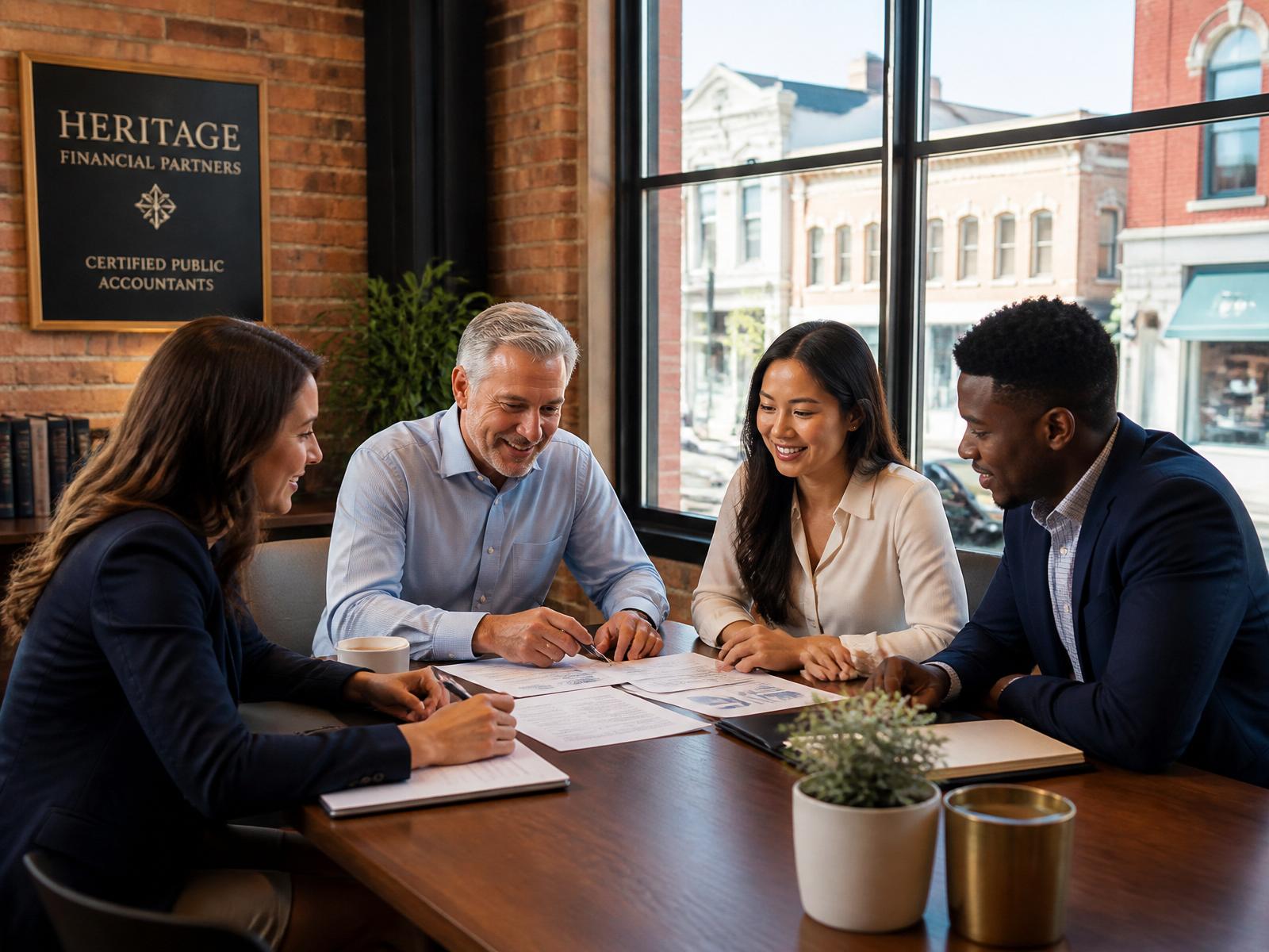 A team of accountants collaborating in a historic downtown office overlooking a main street